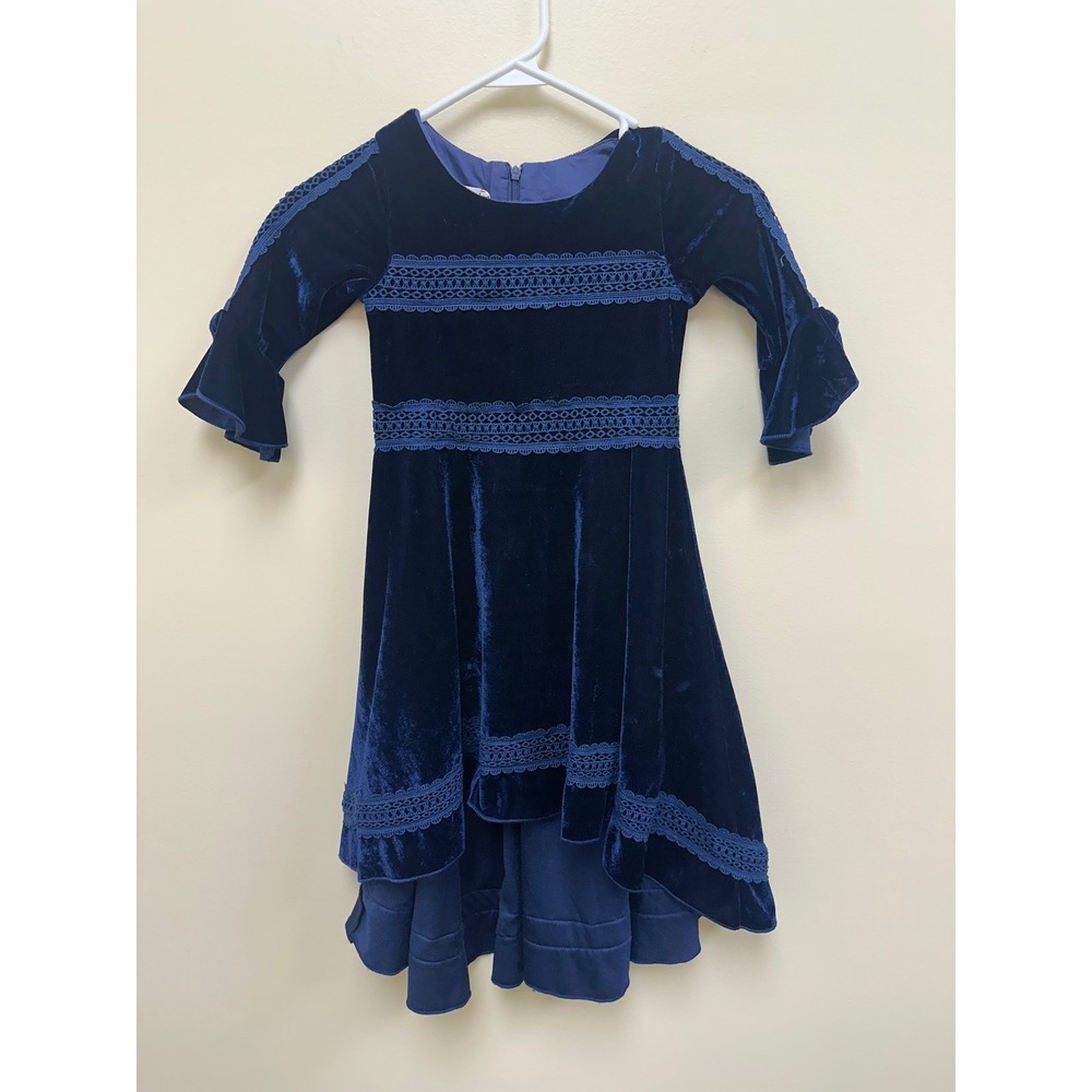 Trish Scully Child Navy Blue Velvet High Low Lace Dress Girls Size 5 Holiday